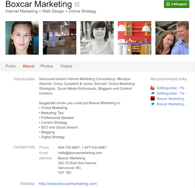 Boxcar Marketing's Google Plus About Page